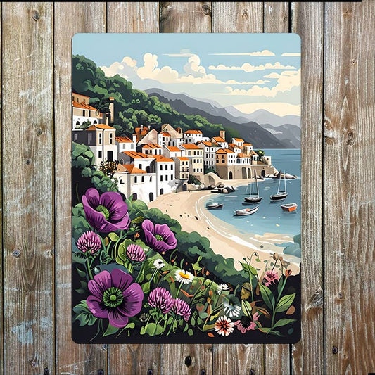 Coastal Village Scene Flowers Sea Nautical | Metal Sign Plaque