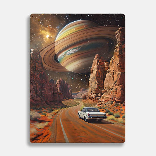 Road Driving Car Planets UFO Alien Metal Sign Plaque