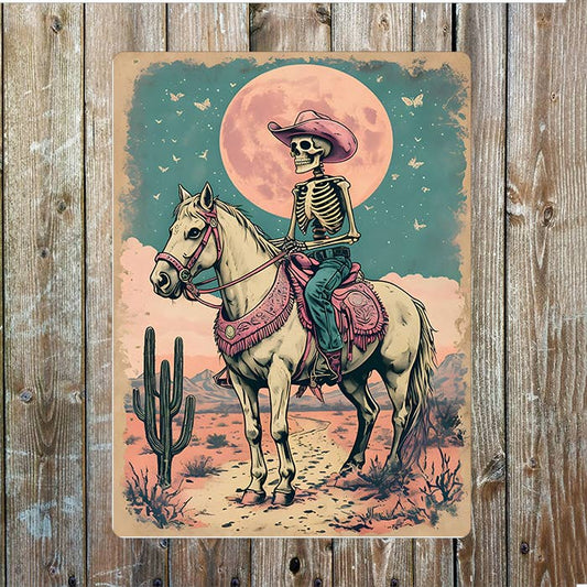 Pink Skeleton Horse Cowboy Western Art Metal Sign Plaque