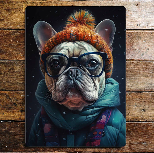 The French Bulldog Winter Time Fun Metal Sign Plaque