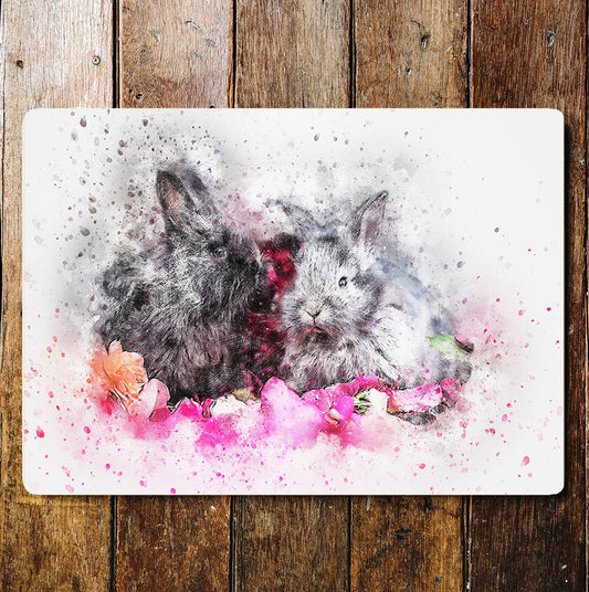 Cute Black And White Rabbits Portrait | Metal Sign Plaque