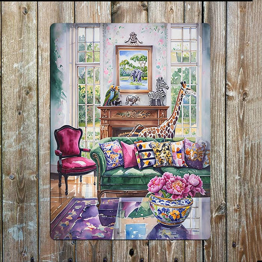 Cozy Indoor Scene Giraffe | Watercolour | Metal Sign Plaque