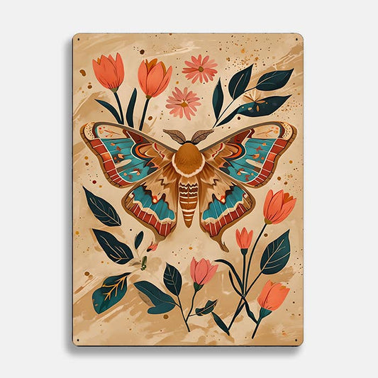 Moth Flowers scandinavian folk | Metal Sign Plaque