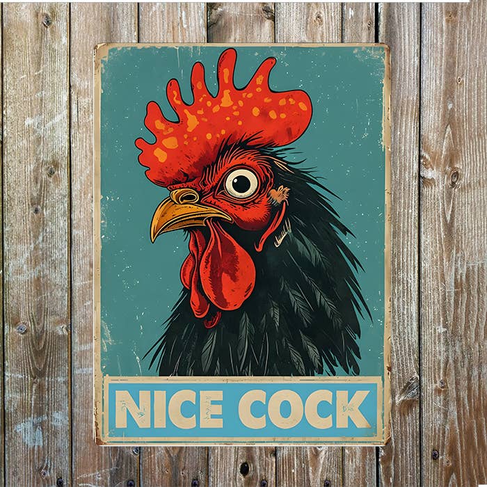 Rooster Illustration Nice Cock Bathroom Metal Sign Plaque