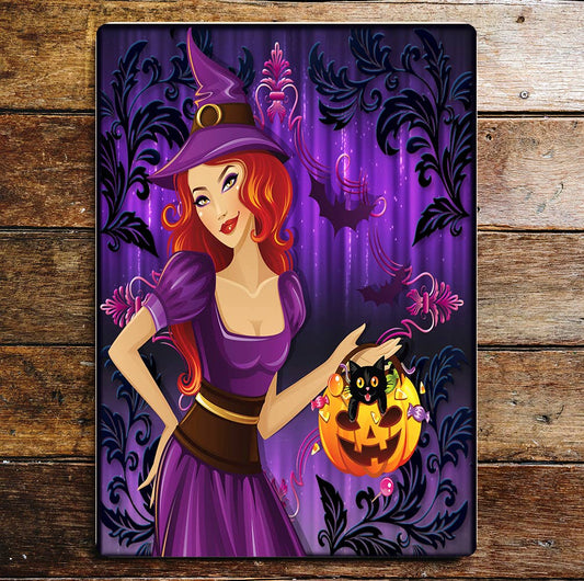 Halloween witch purple pumpkin | Metal Wall Sign Plaque