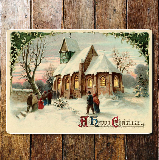 A Happy Christmas Church Snow People | Metal Sign Plaque
