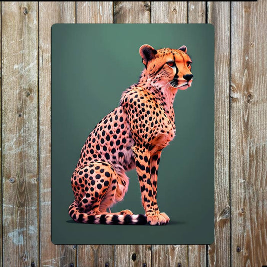 Orange Cheetah Sitting Dark Green | Metal Sign Plaque