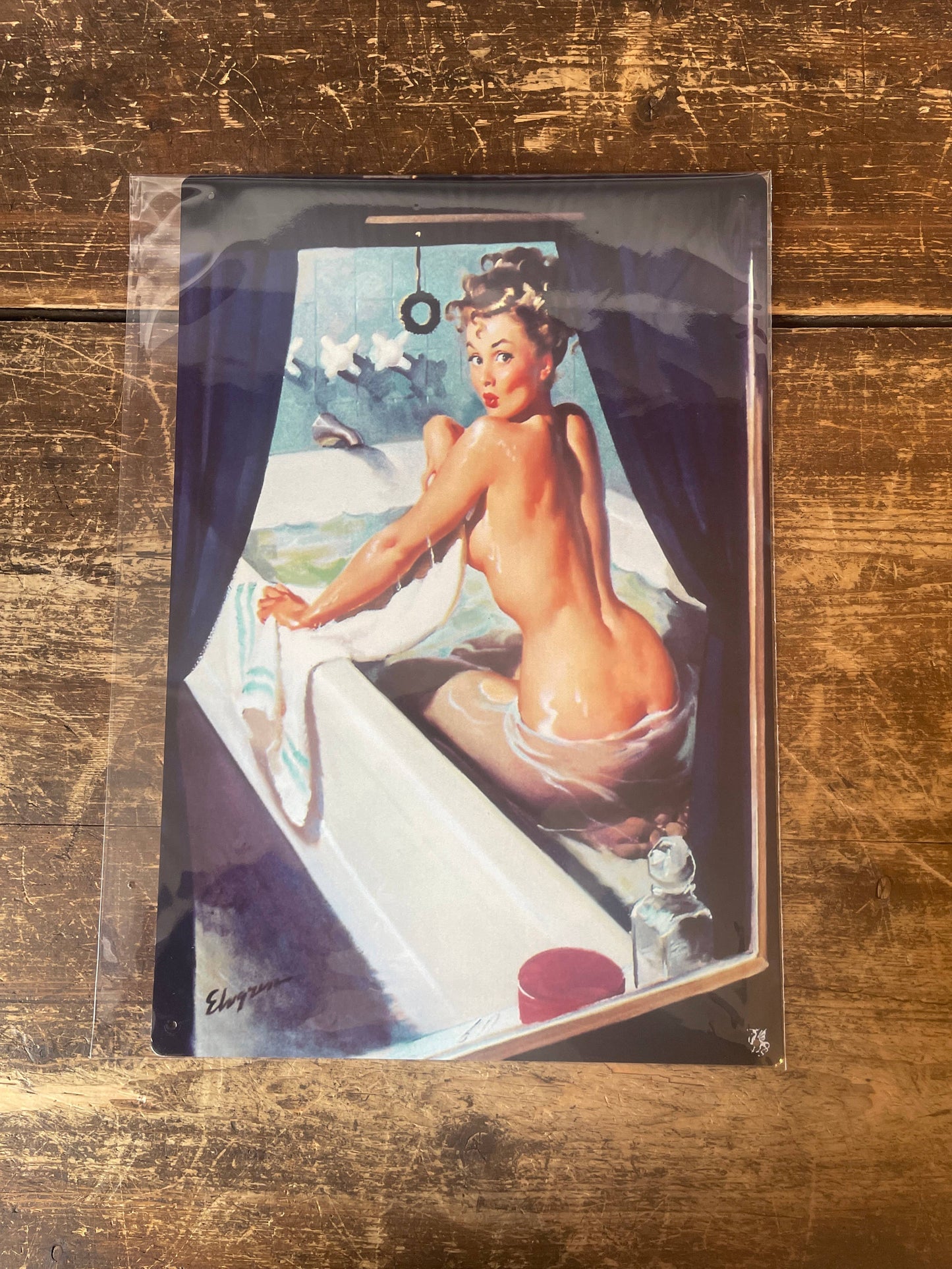 Bathroom Pin Up Girl In Bath through window | Metal Sign