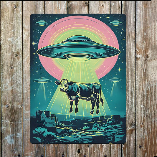 Cow Beamed Up UFO | Alien Retro | Metal Sign Plaque