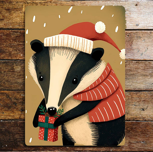 Badger Christmas Hat Jacket Present | Metal Sign Plaque
