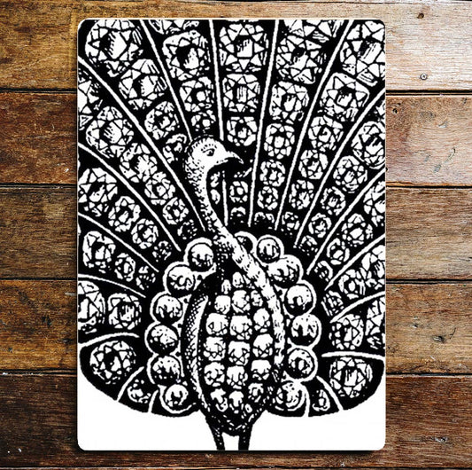 Peacock Tail Black & White Pattern Metal Sign Plaque