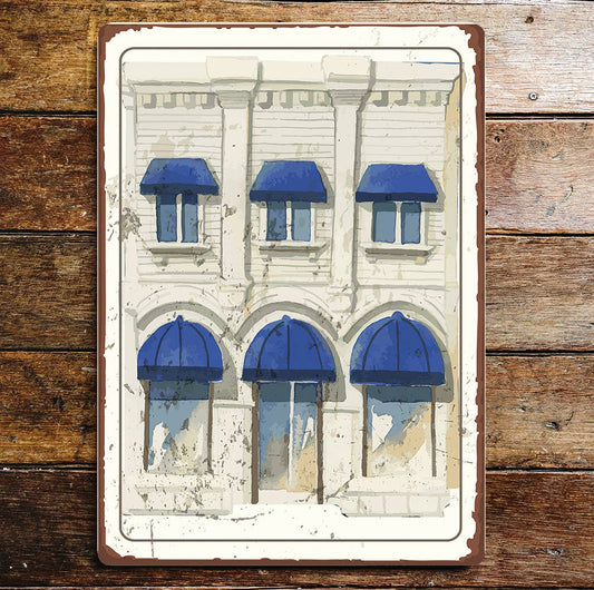 Town House Front Blue Window Canopies Metal Sign Plaque