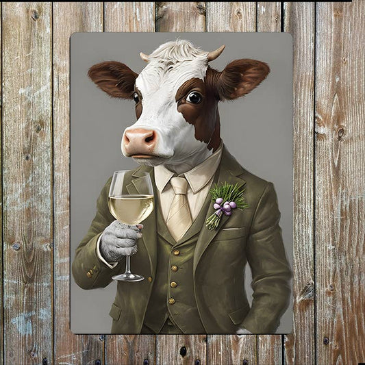 Cow In Formal Clothing Holding Wine Glass | Metal Sign Plaque