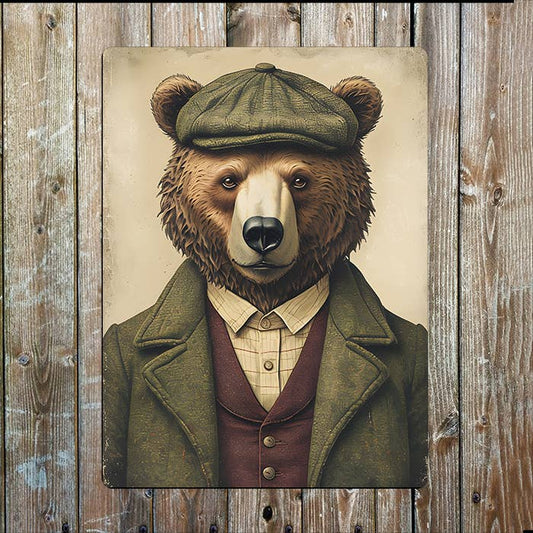 Illustration Bear in Sophisticated Clothe | Metal Sign Plaque