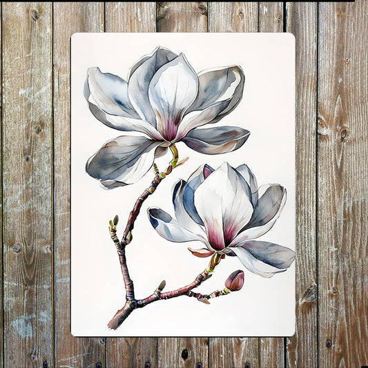 Watercolour Magnolias Blooming Flower | Metal Sign Plaque