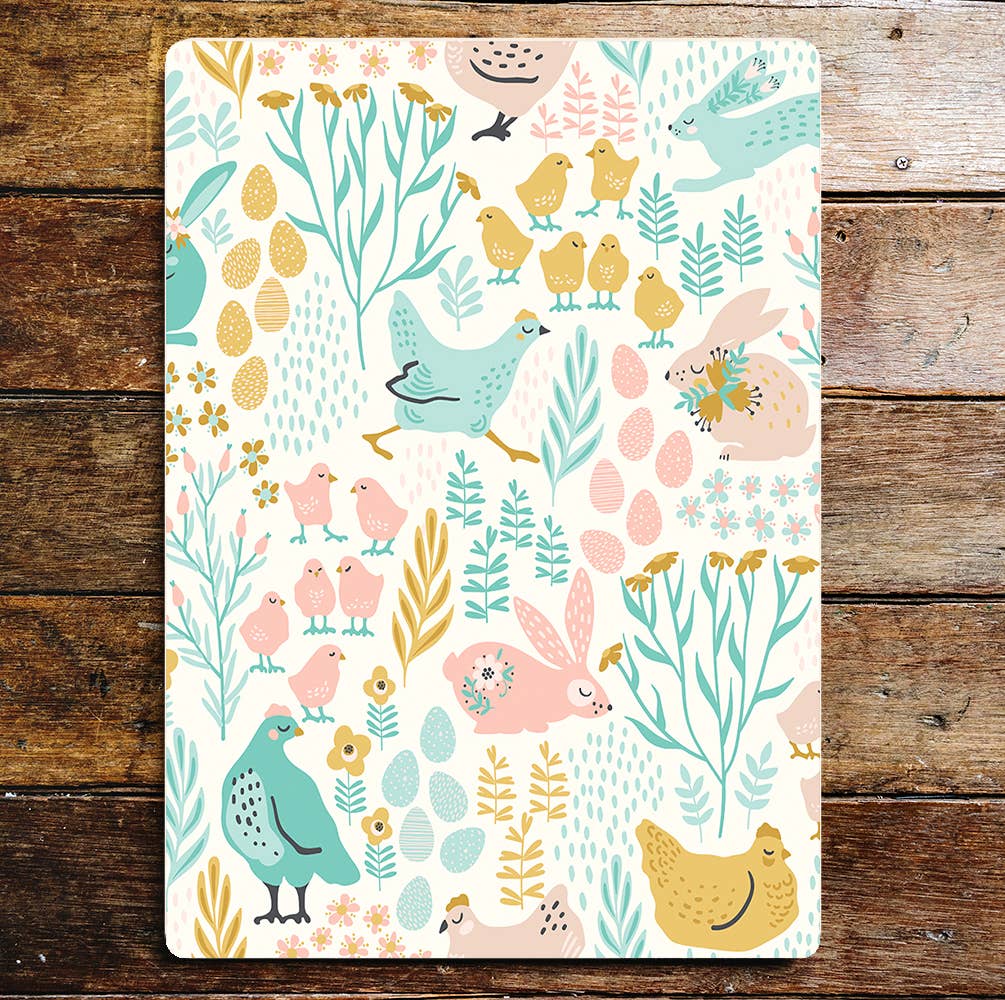 Pink, Yellow And Blue Chicks Eggs Bunny Metal Sign Plaque