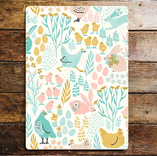 Pink, Yellow And Blue Chicks Eggs Bunny Metal Sign Plaque