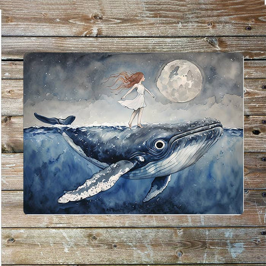 Watercolor Whale Girl Moon Sea Nautical | Metal Sign Plaque