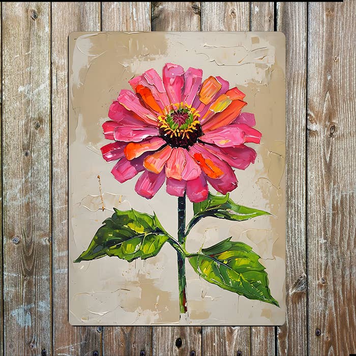 Painting style Zinnia Flower Pink Metal Sign Plaque
