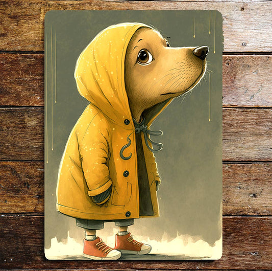 Cute Dog Portrait Rain Coat Sad Eyes | Metal Sign Plaque