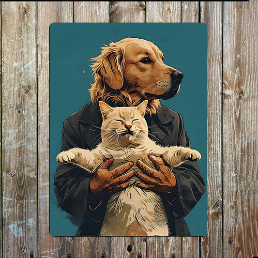 Golden Retriever Dog Holding Cream Cat | Metal Sign Plaque