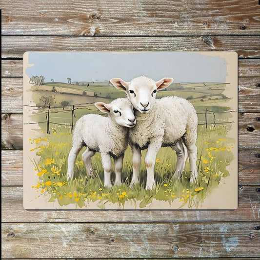 Two White Lambs Watercolour Spring | Metal Sign Plaque