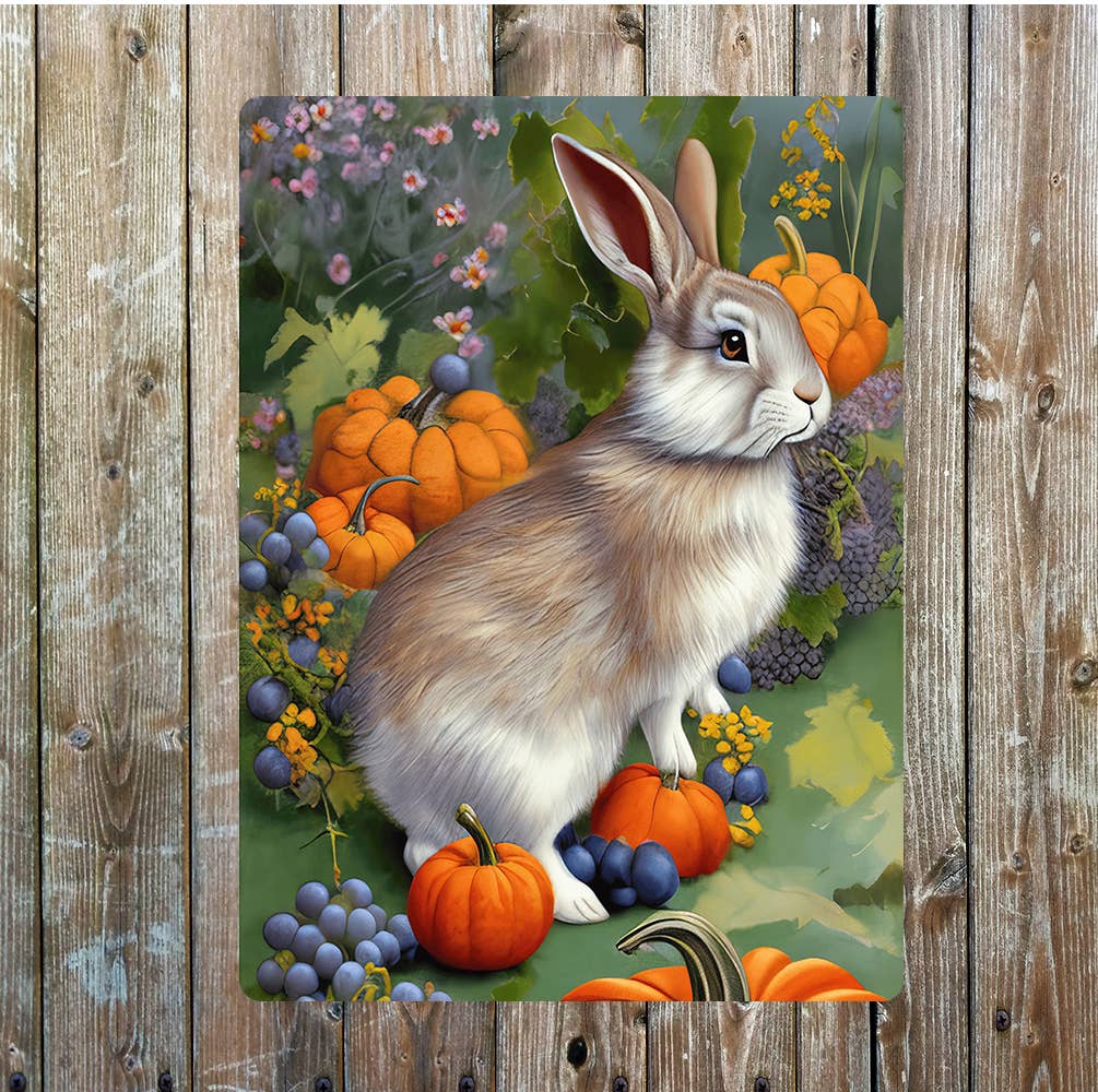 Cute Fluffy Rabbit in Pumpkin Patch | Metal Sign Plaque