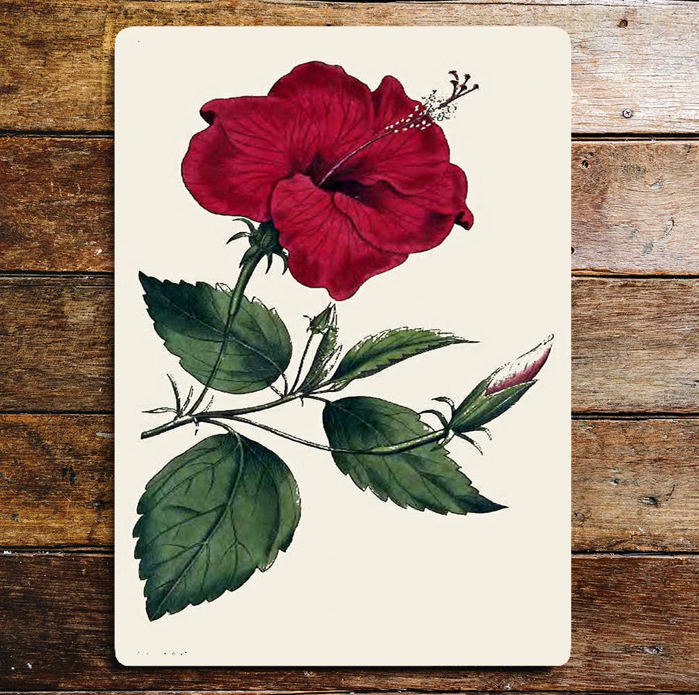 Red Flower And Leaves Stem Metal Wall Sign Plaque