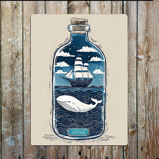Bottle With whale Boat in sea Nautical | Metal Sign Plaque