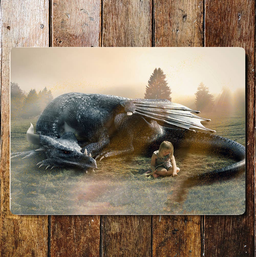 Sleeping Dragon Girl Mystical Metal Sign Plaque