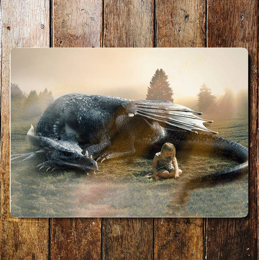 Sleeping Dragon Girl Mystical Metal Sign Plaque