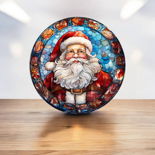 Santa Stained Glass Effect Xmas Circle Metal Sign