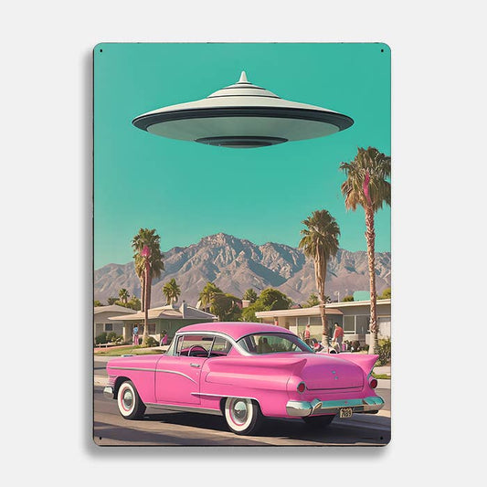 Pink 1950s Car And UFO Alien Metal Sign Plaque