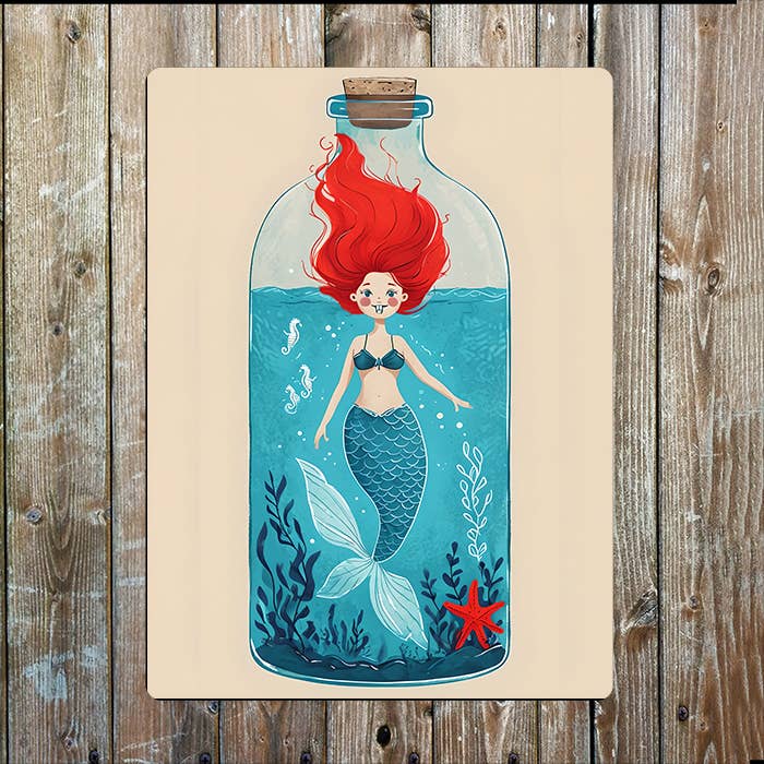 Bottle With mermaid in sea Nautical | Metal Sign Plaque