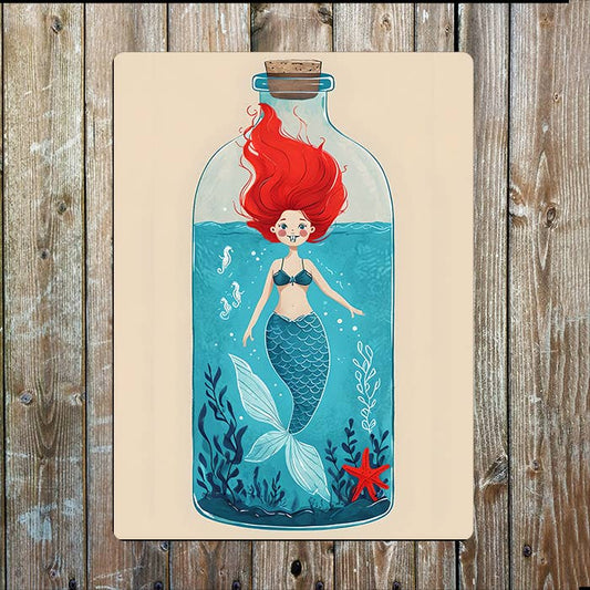 Bottle With mermaid in sea Nautical | Metal Sign Plaque