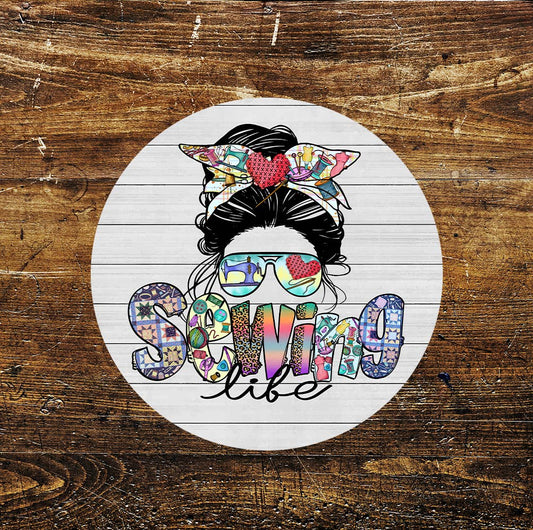 Pin Up Girl Sewing Life Circle Metal Sign