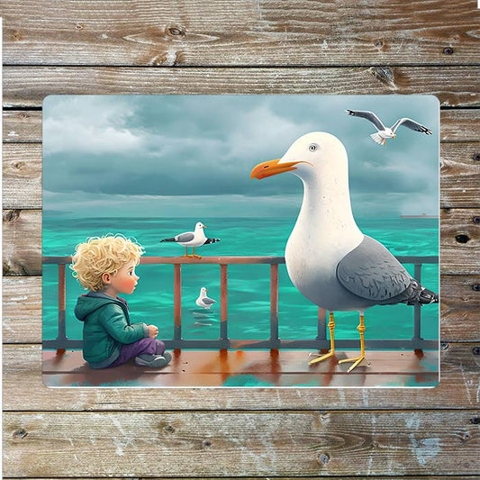Child On Pier Seagull Sea Nautical | Metal Sign Plaque