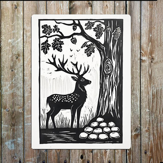 Woodland Stag Deer Linocut Style | Metal Sign Plaque