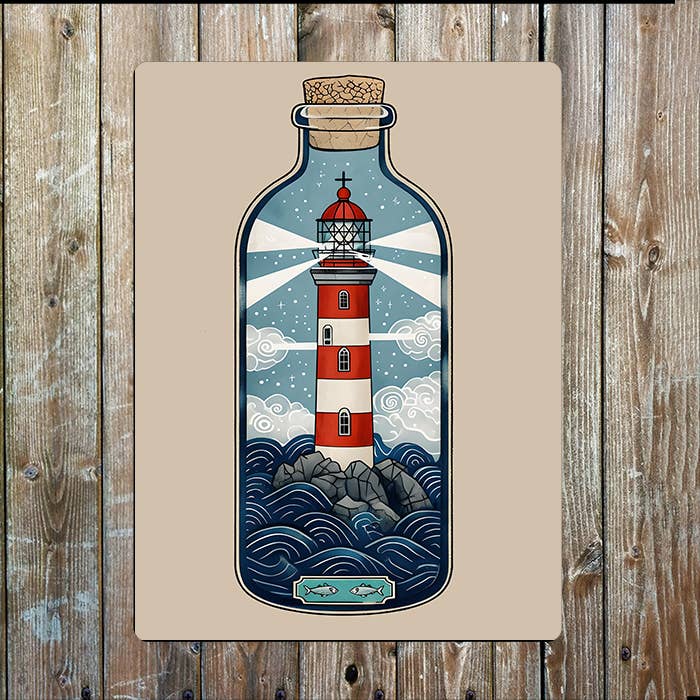 Bottle With Lighthouse sea Nautical | Metal Sign Plaque