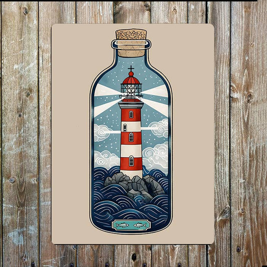 Bottle With Lighthouse sea Nautical | Metal Sign Plaque