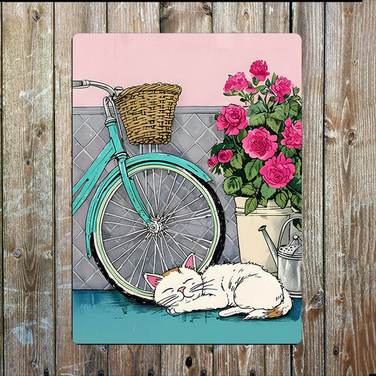 Vintage Scene With Bicycle Cat And Flowers | Metal Sign Plaque