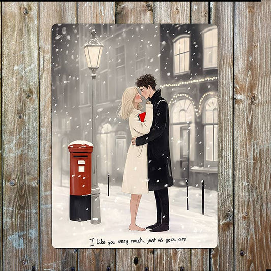 Couple Shares Intimate Embrace In Snow Metal Sign Plaque