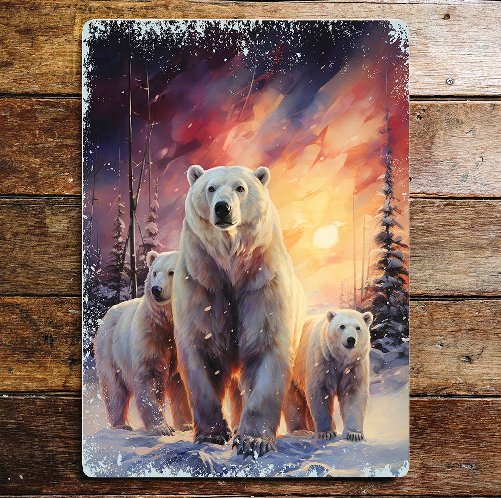 Polar Bear Family Fire Sky Nature Metal Sign Plaque