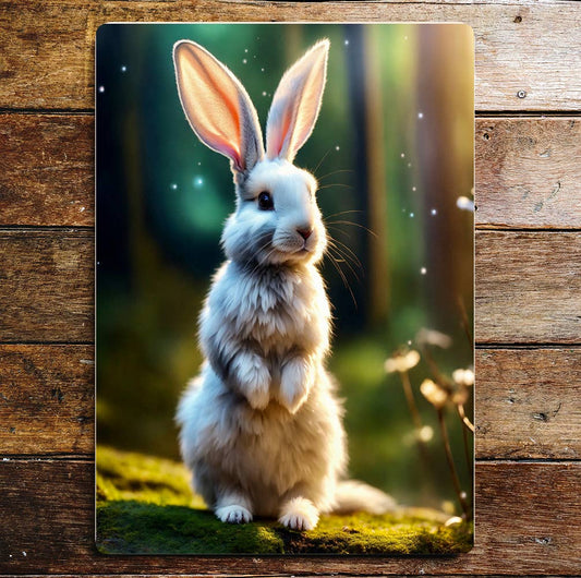 White Bunny in Forest | Metal Sign Plaque