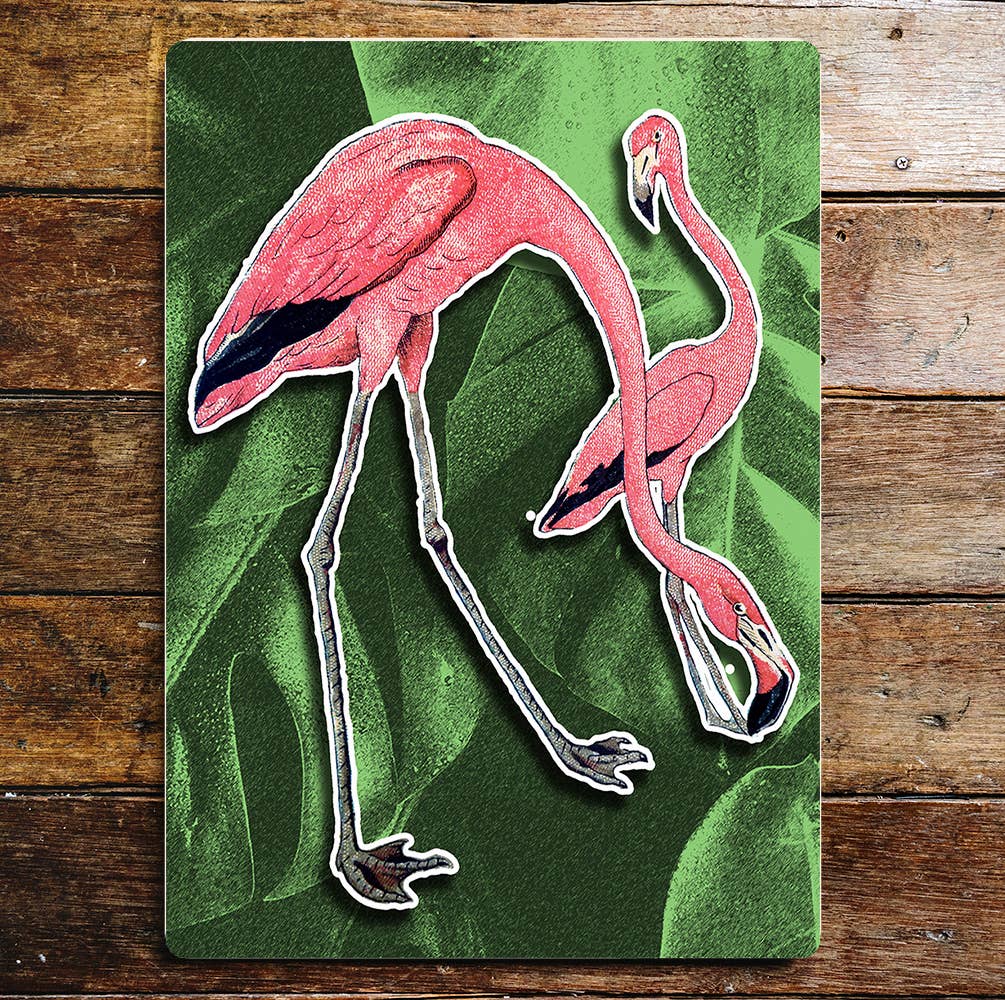 Pink Flamingo's Green Leaves Metal Sign Plaque