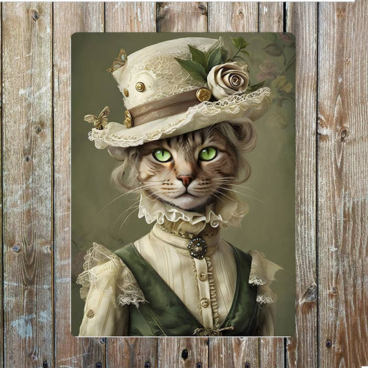 Cat Portrait In Elegant Vintage Clothes | Metal Sign Plaque