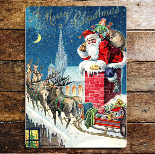 Merry Christmas Santa chimney Wall | Metal Sign Plaque