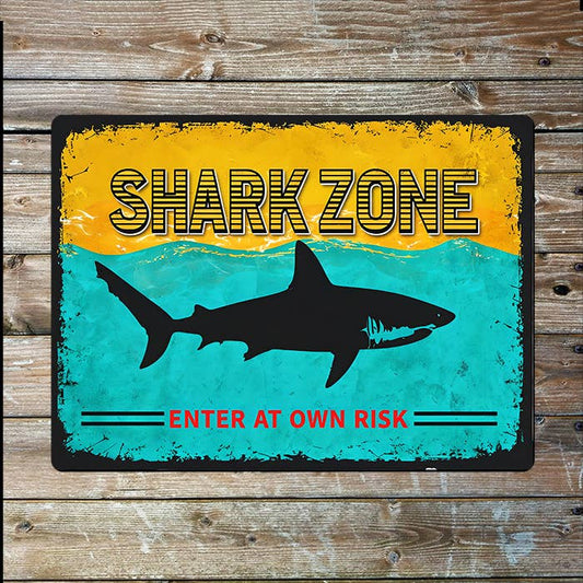 Shark Zone Enter At Own Risk | Sea Ocean | Metal Sign Plaque