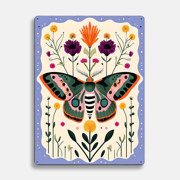 Moth Butterfly Flowers scandinavian folk | Metal Sign Plaque