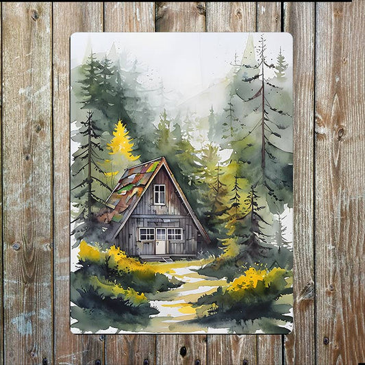 Cabin Surrounded By Forest Metal Sign Plaque